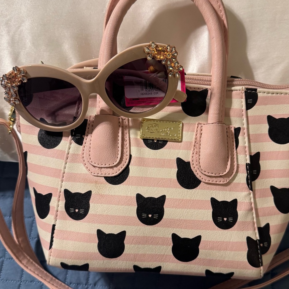Betsey Johnson Pink/Black Cat Print Satchel with NEW/tags BJ Sunglasses $OBO